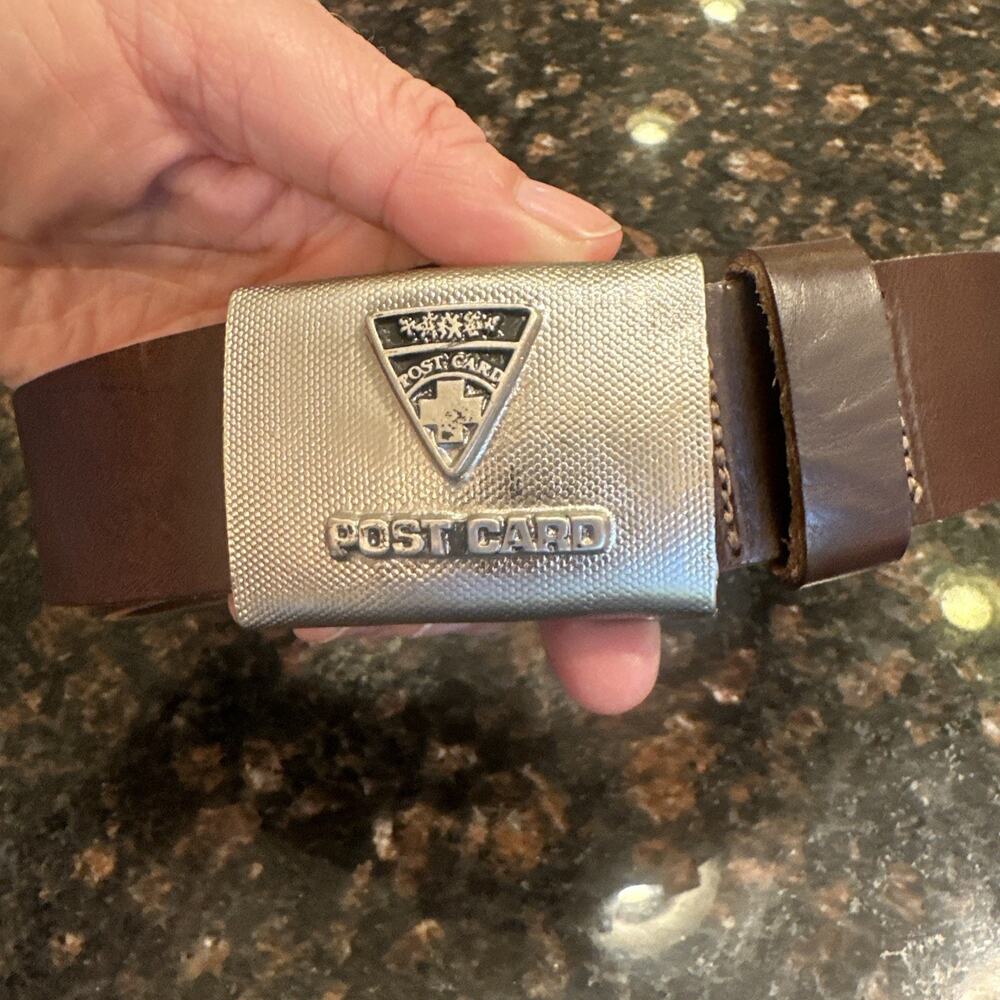 Post Card Silver Buckle Italy Leather Belt Sz M 82 Dark Brown 1.5” Wide